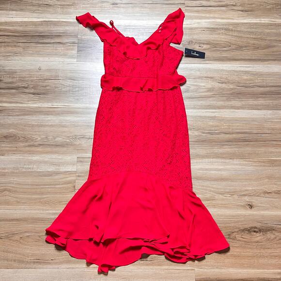 NWT Lulus "Dance of Romance" Red Lace Cold-Shoulder Midi Dress Size S - Picture 2 of 9